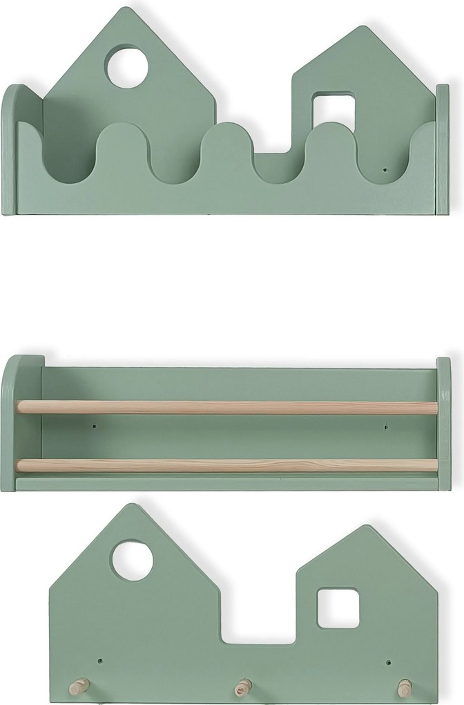 Set 2 rafturi perete + Cuier Montessori NEST SET Green