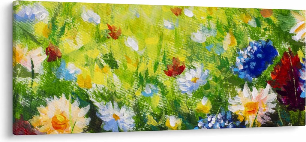Tablou - Pictură în ulei, pajiște înflorită (120x50 cm)