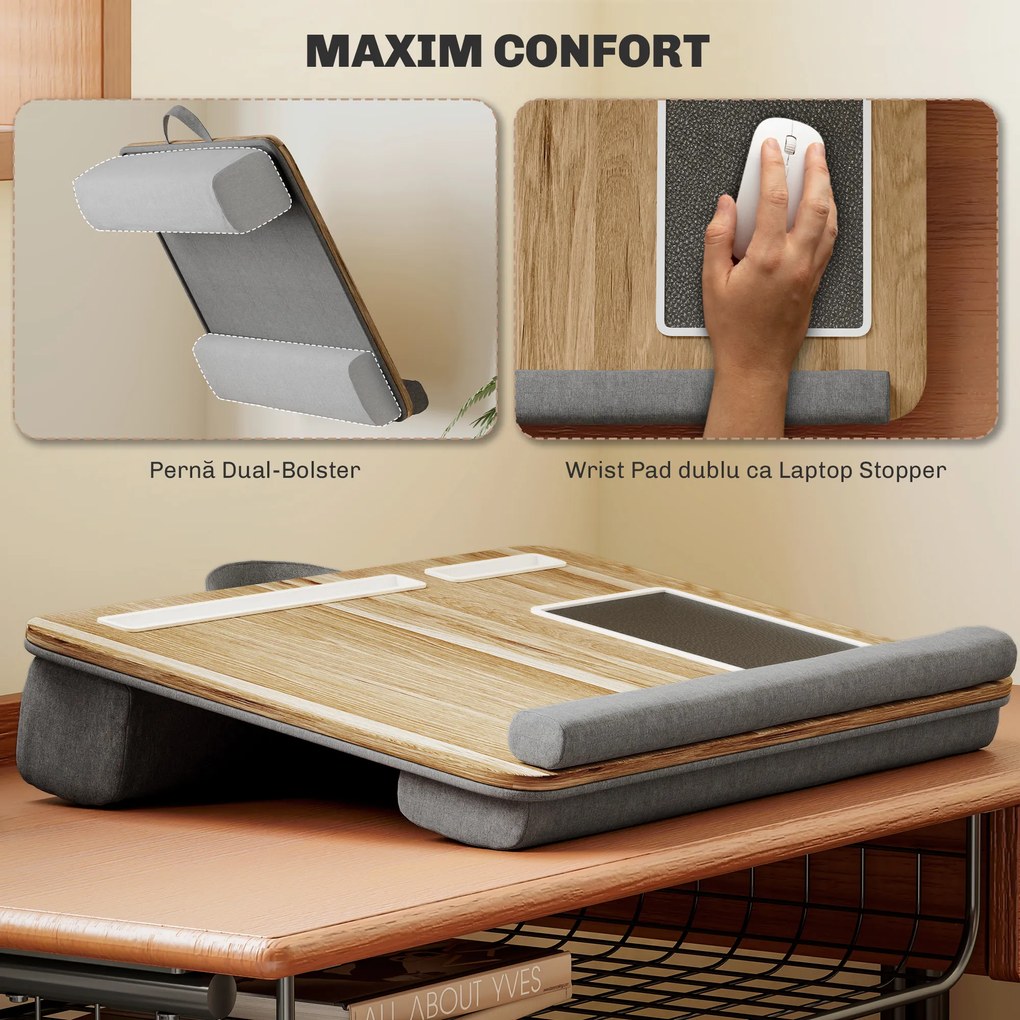 HOMCOM Suport Laptop de 15,6", cu Spațiu pentru Mouse și Încheieturi, Suport PC Portabil, 55,5x37x9 cm, Lemn Natural | Aosom Romania