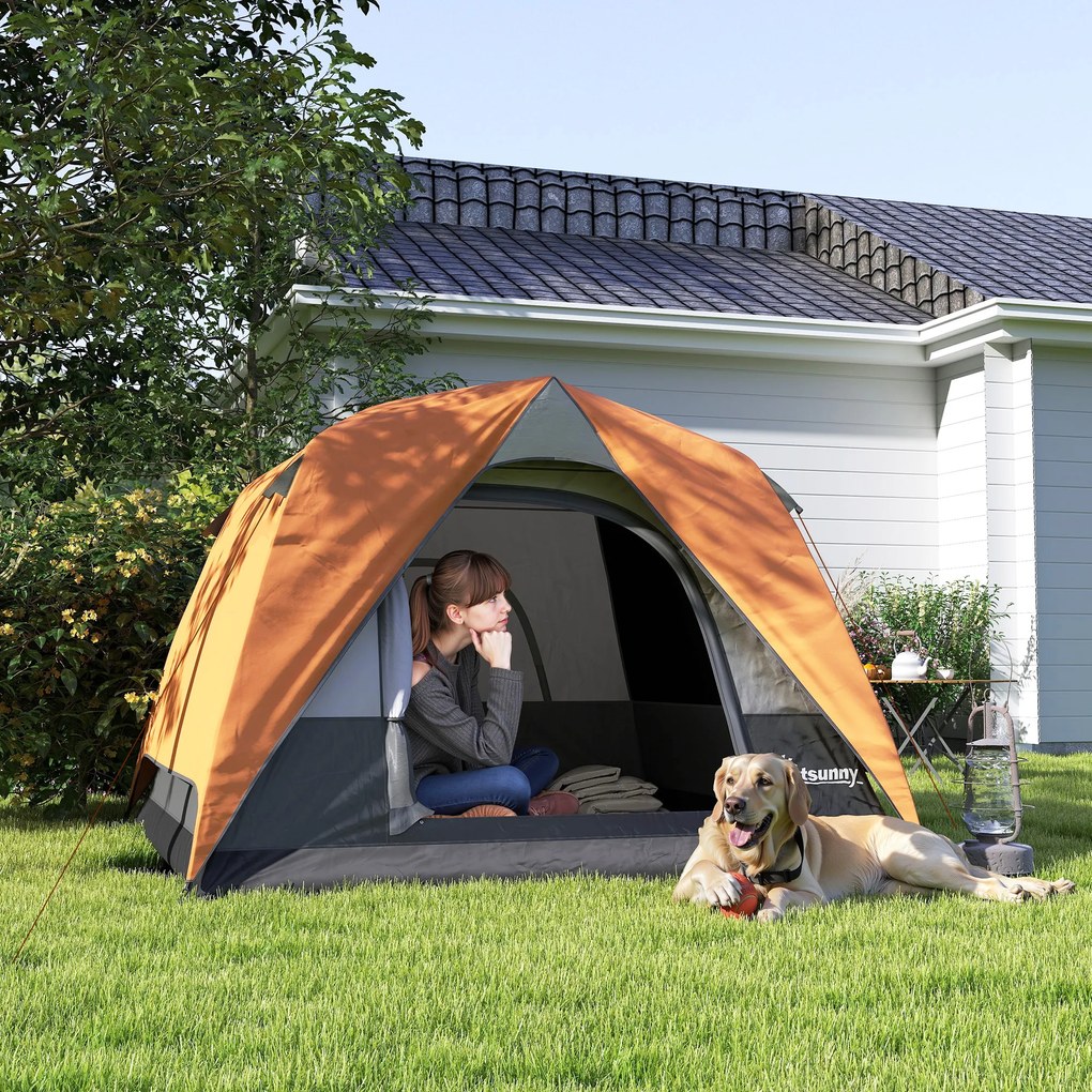 Outsunny Cort de Camping pentru 3 Persoane cu Buzunare Detașabile și Geantă de Transport, 200x200x135 cm, Portocaliu | Aosom Romania