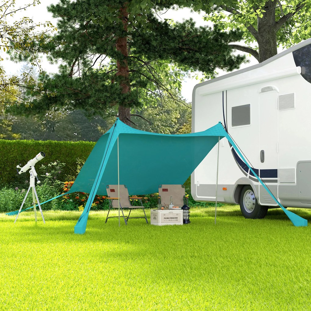Outsunny Cort de plajă, adăpost solar de camping, față de cort cu 2 stâlpi, copertină de umbră exterioară - dim. 215L x 200l x 200H cm | Aosom Romania