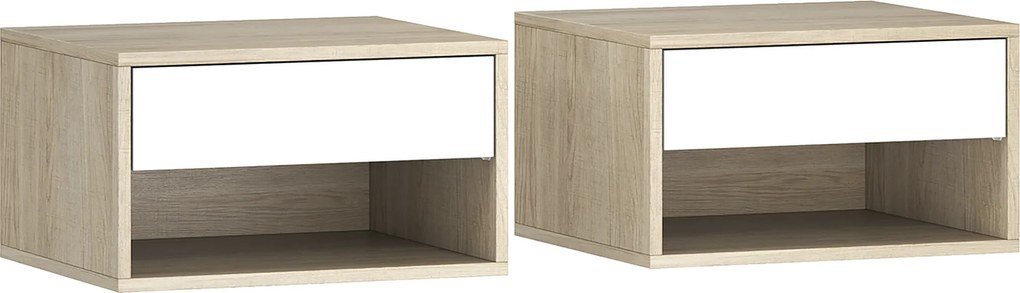 HOMCOM Set de 2 noptiere montate pe perete, noptiere, sertar, compartiment deschis, blat, 37 x 32 x 21 cm, lemn natural | Aosom Romania