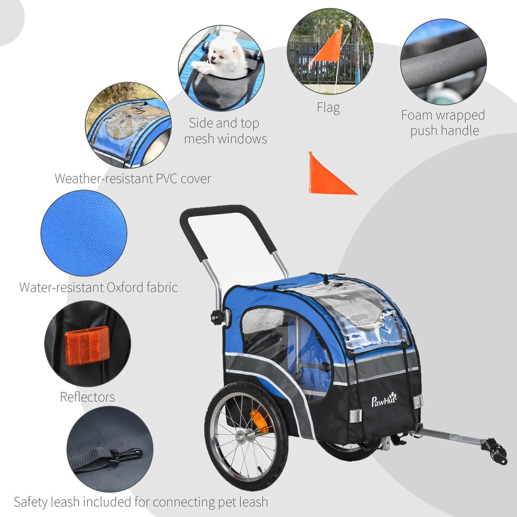 PawHut Carucior pentru Caini cu Prindere Bicicleta Spatiu Mare Albastru 130x58x94cm Ideal pentru Plimbari | Aosom Romania