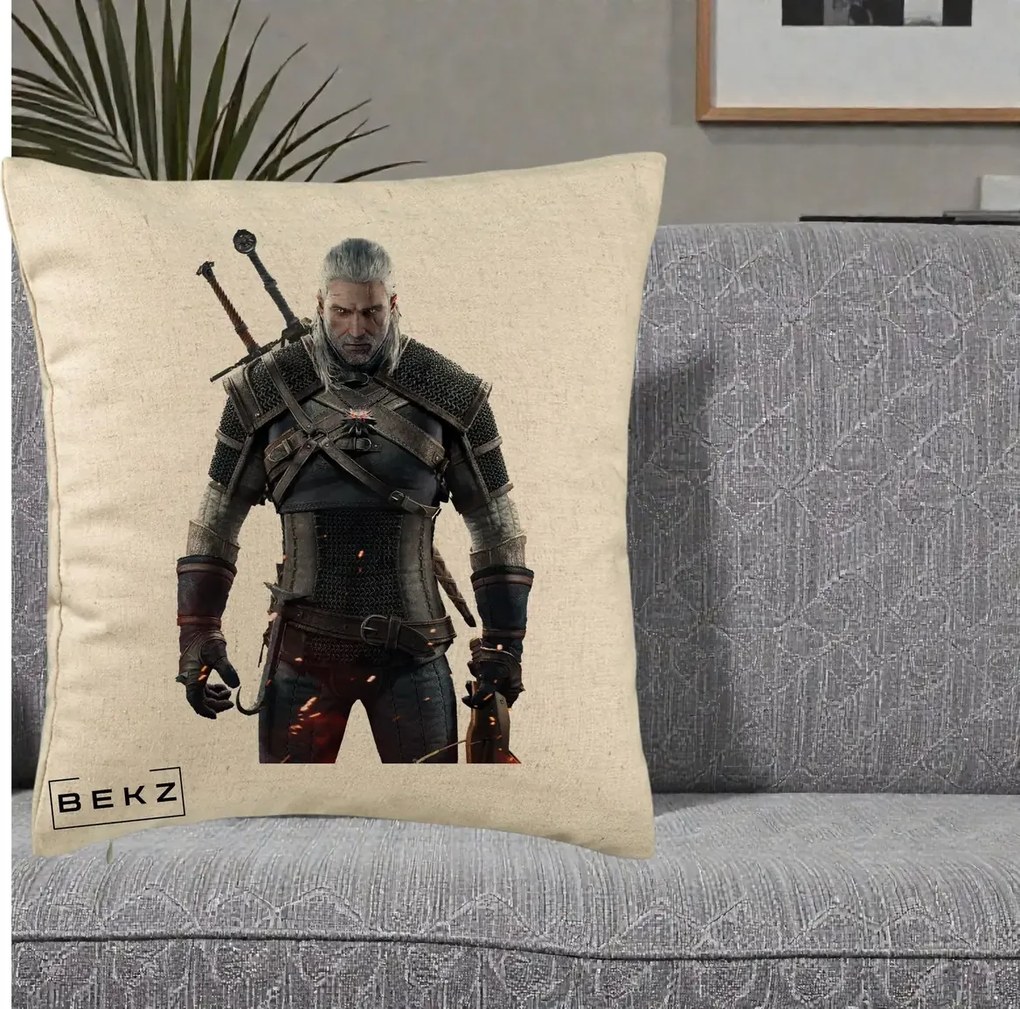 Perna Personalizata The Witcher Geralt of Rivia Portret, 40x40 cm, Bej, Husa Detasabila, Perna Inclusa, BEKZ®