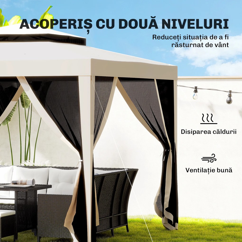 Outsunny Foisor de Gradina cu Plasa de Tantari, Foisor 3x3 m cu Acoperis Dublu si Cadru din Metal, Bej