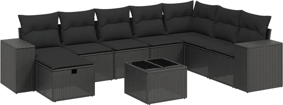 vidaXL Set mobilier de grădină cu perne, 9 piese, negru, poliratan