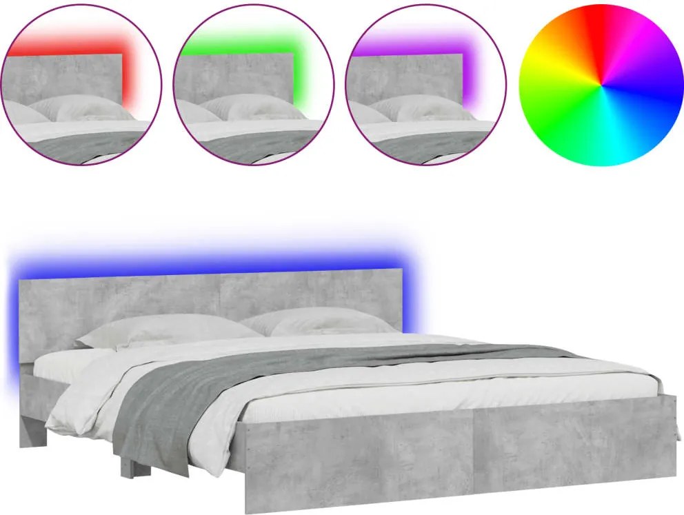 vidaXL Cadru de pat cu tăblie și LED, gri beton, 200x200 cm