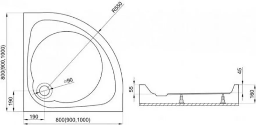 Cădiță de duș curbată universală ALAN80 80x80x15 cm