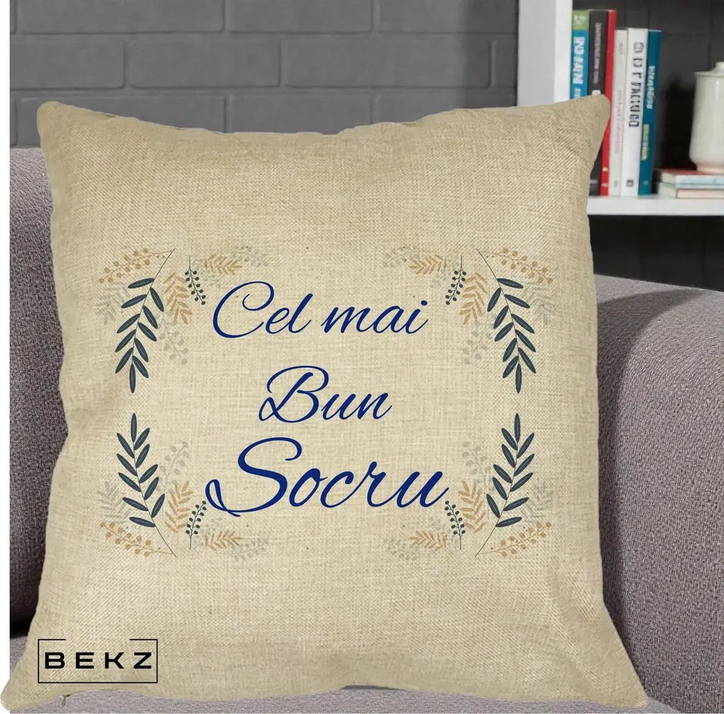 Cadou pentru Socru - Perna Personalizata Cel mai Bun Socru cu Ramuri Frunze Albastre si Aurii, 40x40 cm, Crem, Husa Detasabila, Perna Inclusa, BEKZ®