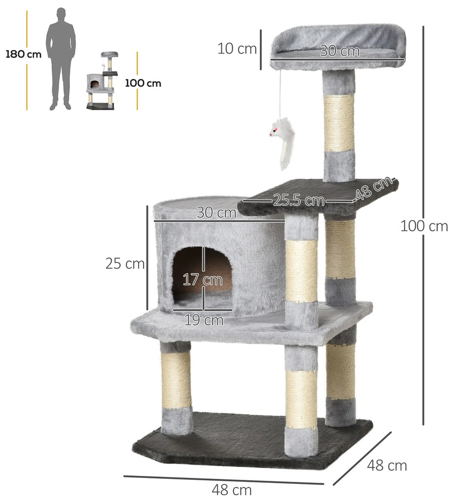 PawHut Copac pentru Pisici cu 3 Niveluri cu Soricel Gri, 48x48x100cm