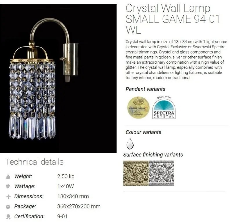 Aplica de perete Cristal Bohemia Exclusive SMALL GAME 94-01 WL CE