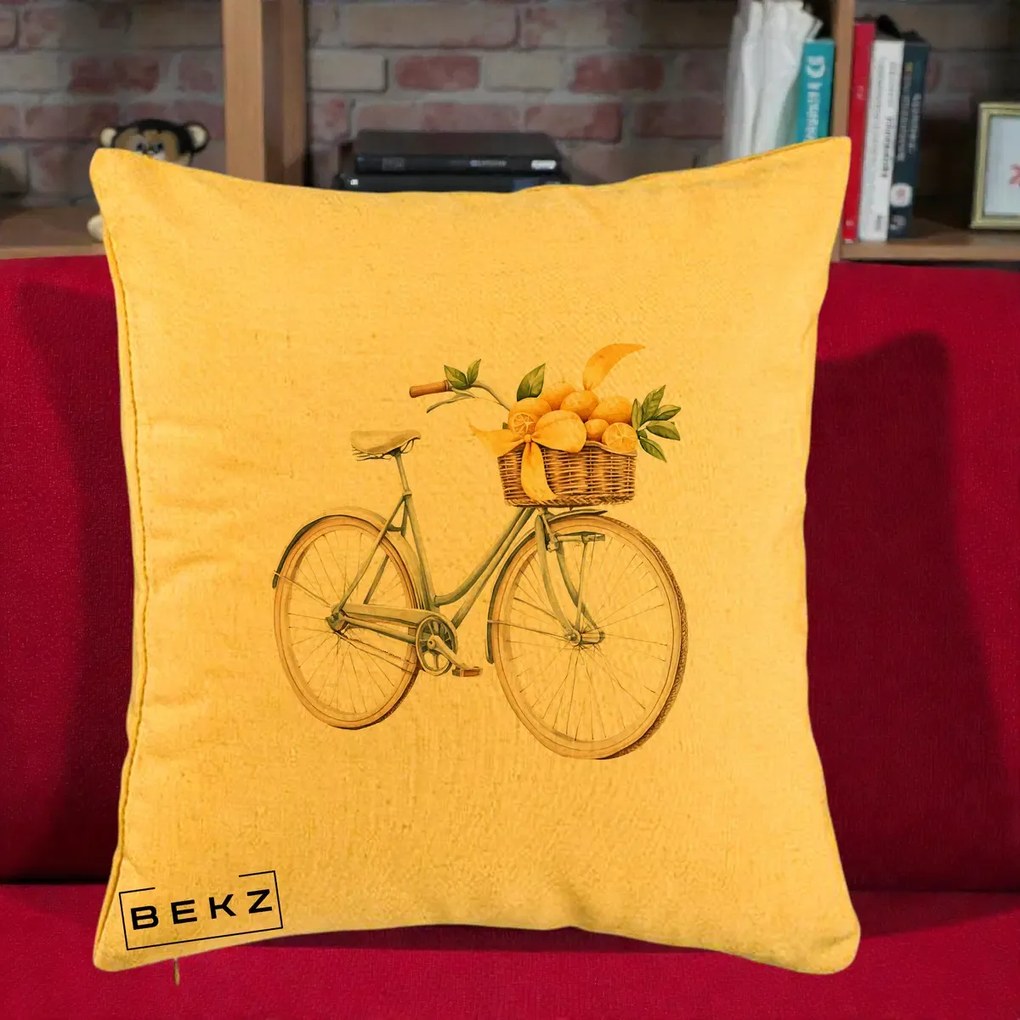 Perna Decorativa Bicicleta cu Cos de Lamai Mediteranean, 40x40 cm, Galben, Husa Detasabila, Perna Inclusa, BEKZ®