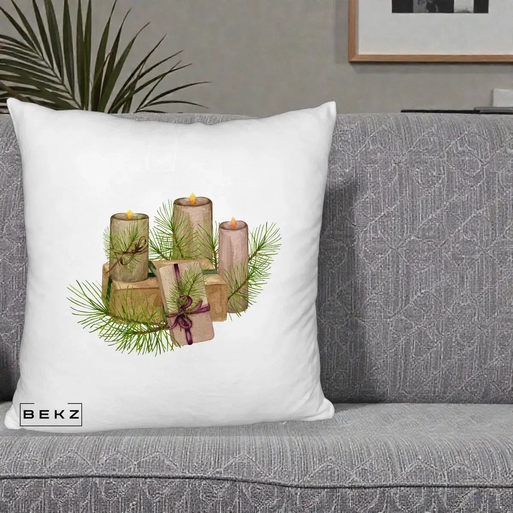 Perna Decorativa Lumanari cu Cadouri Naturale, 40x40 cm, Alb Pufos, Husa Detasabila, Perna Inclusa, BEKZ®