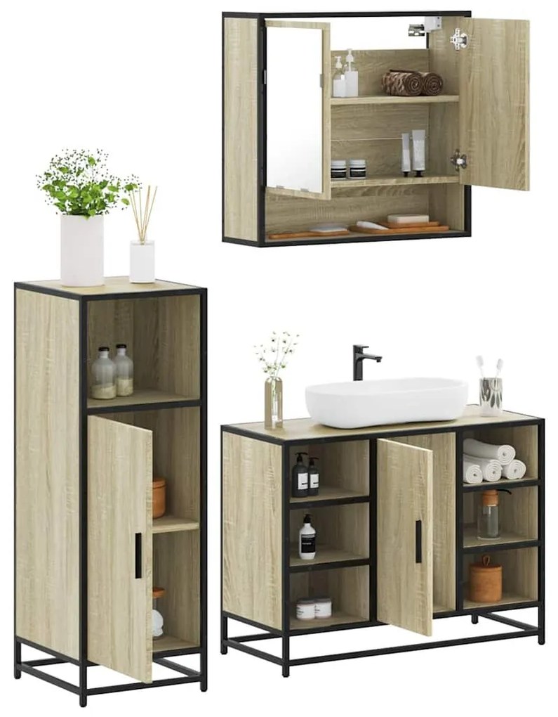 vidaXL Set mobilier de baie, 3 piese, stejar sonoma, lemn prelucrat