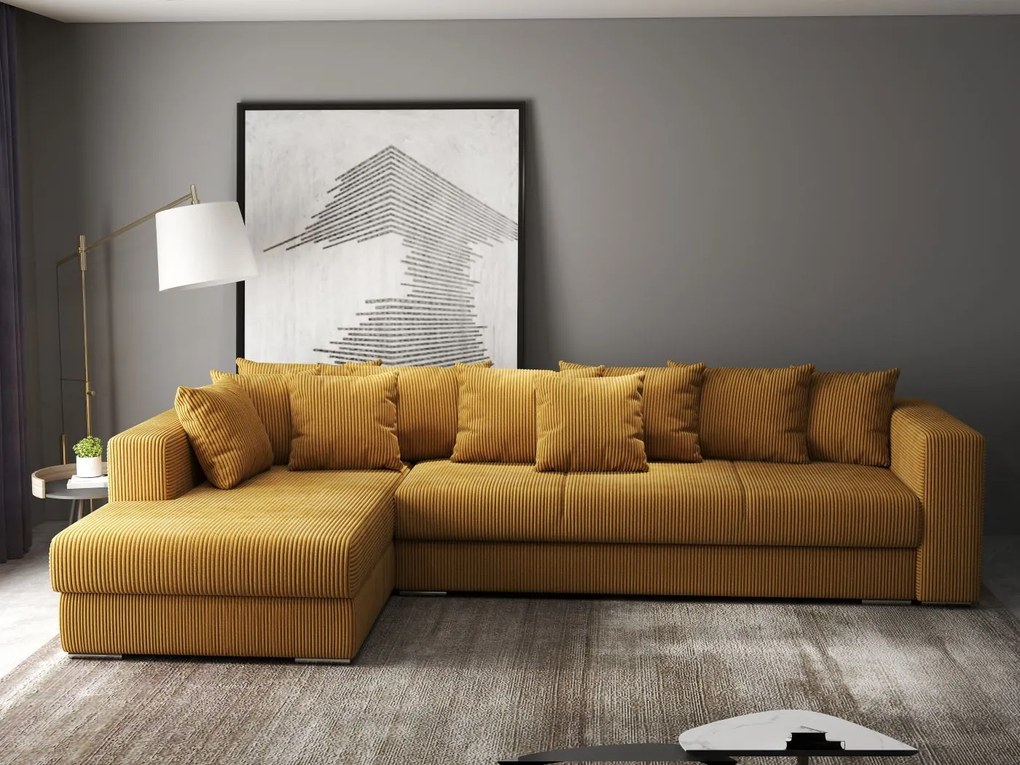 Colțar extensibil dumonde cu ladă de depozitare si sezut confortabil din spuma high-density, Gloria Zoom Mustar 320x183 cm