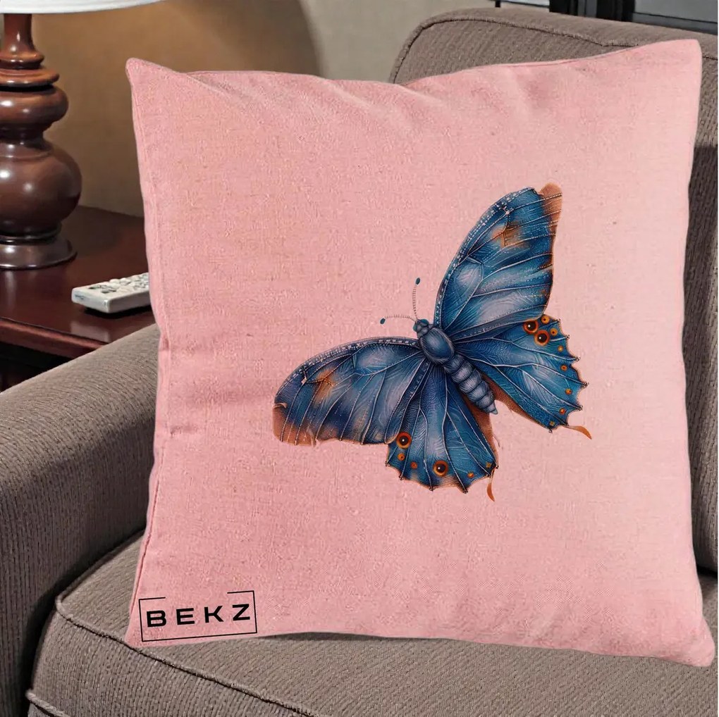 Perna Decorativa Fluture Albastru Satin cu Pete Aurii, 40x40 cm, Roz, Husa Detasabila, Perna Inclusa, BEKZ®