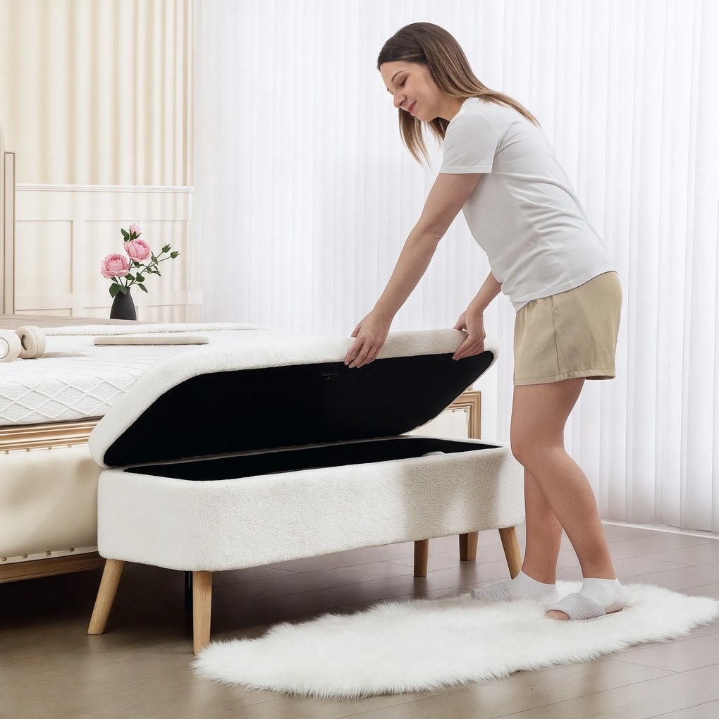 HOMCOM Bancă de depozitare, bancă cu 65 L spațiu de depozitare, material Teddy-Fleece, lemn de cauciuc, 120 x 42 x 45 cm, alb crem | Aosom Romania