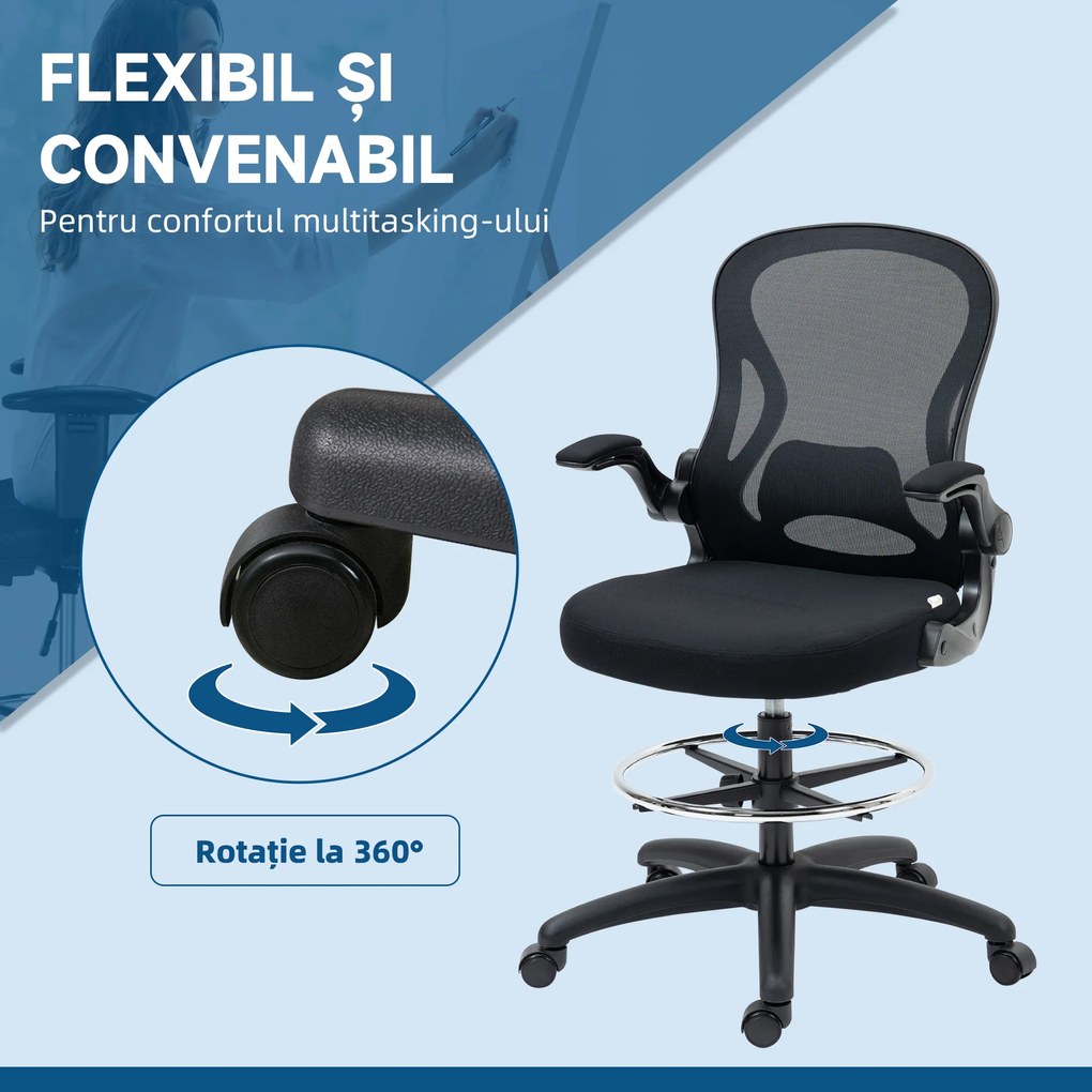 Vinsetto Scaun de Birou Ergonomic, Scaun Rotativ din Plasă, Reglabil pe Înălțime cu Suport pentru Picioare și Cotiere Rabatabile, Capacitate 120kg, Negru | Aosom Romania