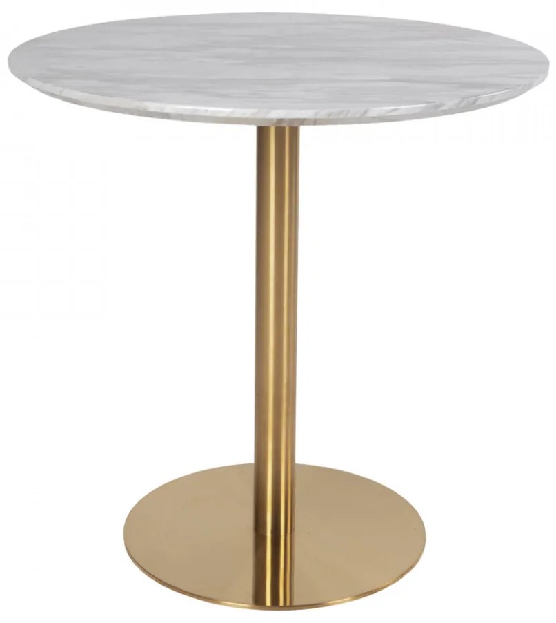 Masa dining rotunda cu blat aspect marmura alba si picior auriu 90cm Bolzano