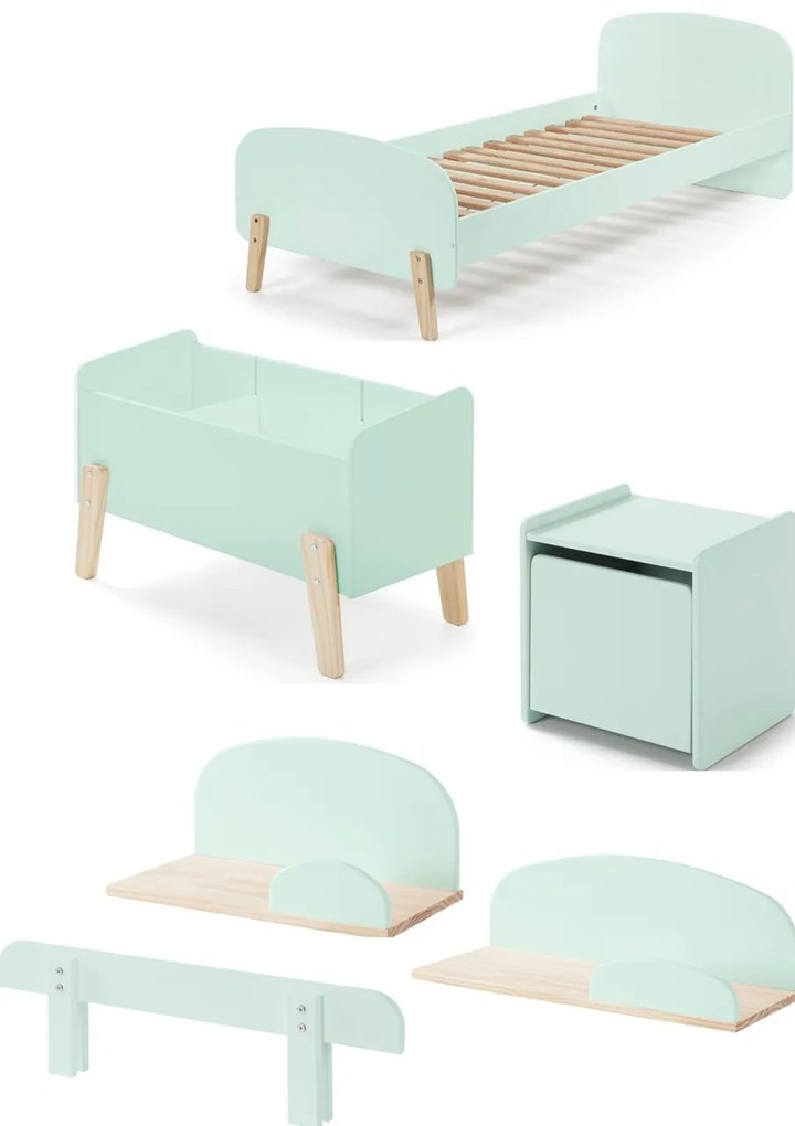 Set KIDDY în verde mentă format dintr-un Pat copii (90x200), noptieră, 2 rafturi de perete (45 și 65 cm), bară de siguranță și cutie de jucării.