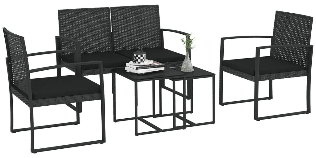 Outsunny Set Mobilier de Grădină din Ratan PP 5 Piese, Canapea cu Perne, Set Canapea pentru Exterior, Negru | Aosom Romania