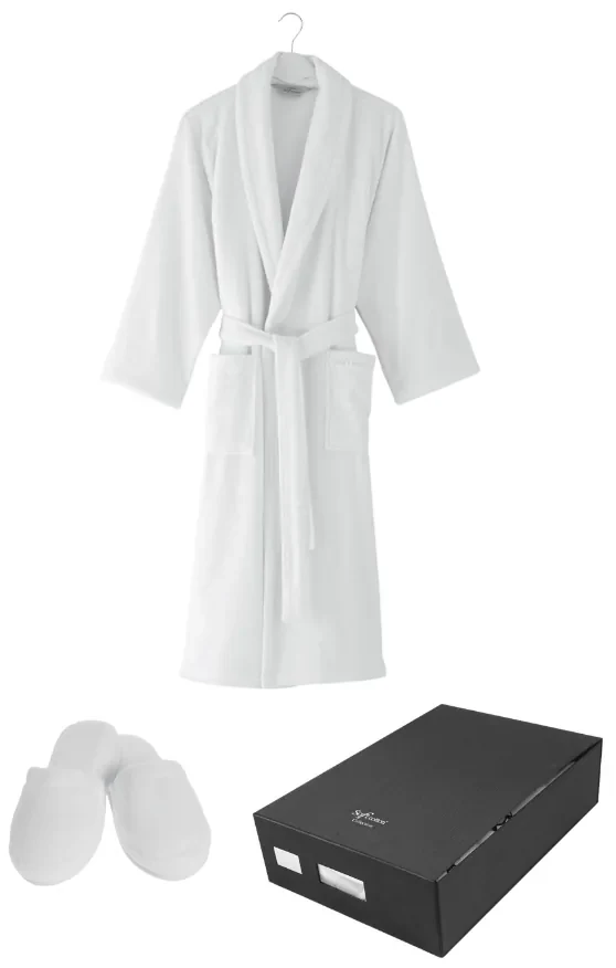 Halat unisex MICRO COTTON în cutie cadou + papuci XXL +  Papuci de casa  (42/44) + cutie cadou Alb / White