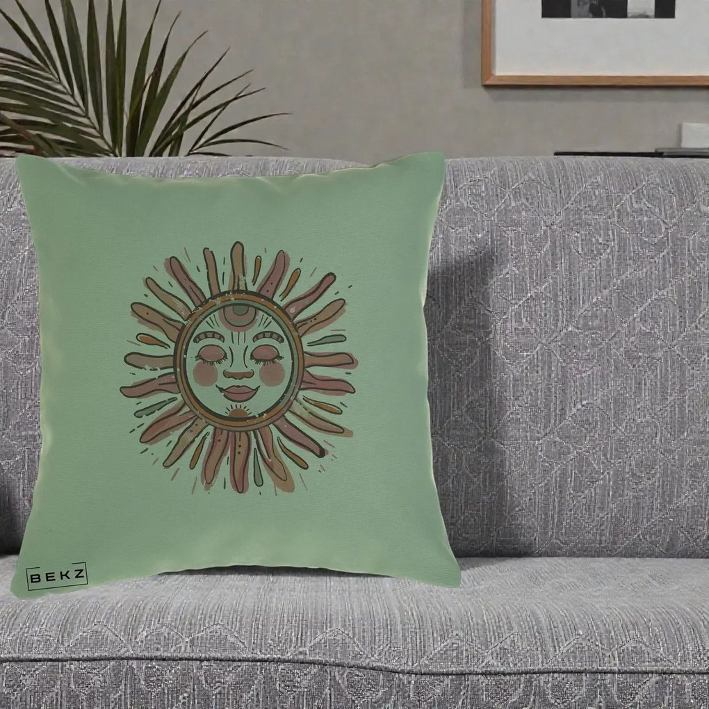 Perna Decorativa Soare Roz Tribal, 40x40 cm, Verde, Husa Detasabila, Perna Inclusa, BEKZ®