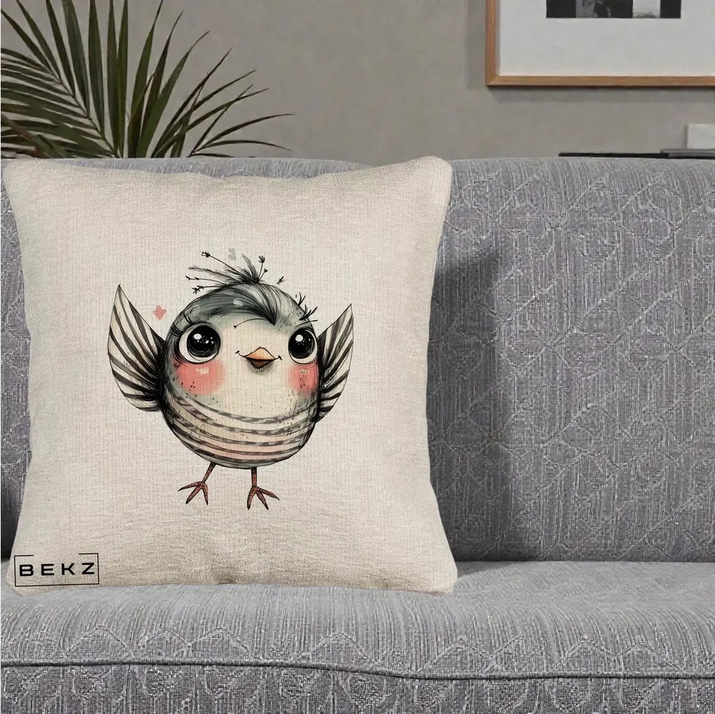 Perna Decorativa Pasare Gri cu Aripi si Inimioare, 40x40 cm, Bej Canapea, Husa Detasabila, Perna Inclusa, BEKZ®