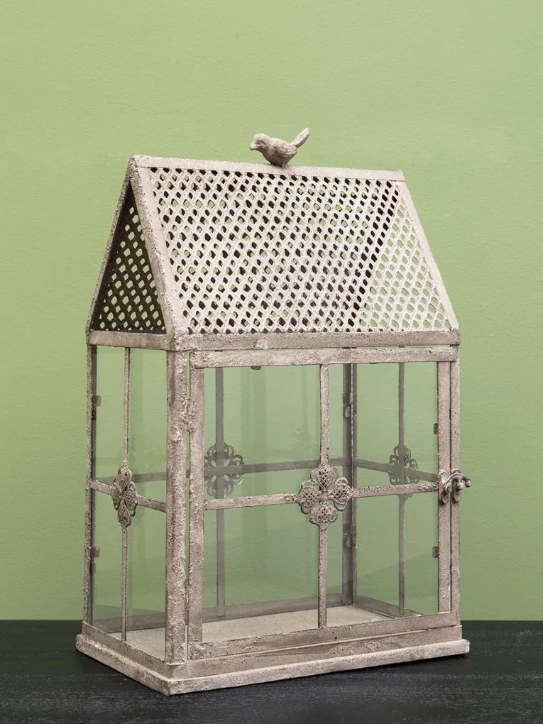 Suport shabby chic pentru lumânare tip seră din metal, cu pasăre decorativă, H45,5 cm