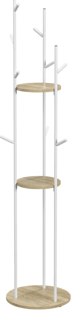 HOMCOM Suport de haine cu 9 agatatori si 2 rafturi rotunde Ø 40 x 167 cm natural si alb | Aosom Romania