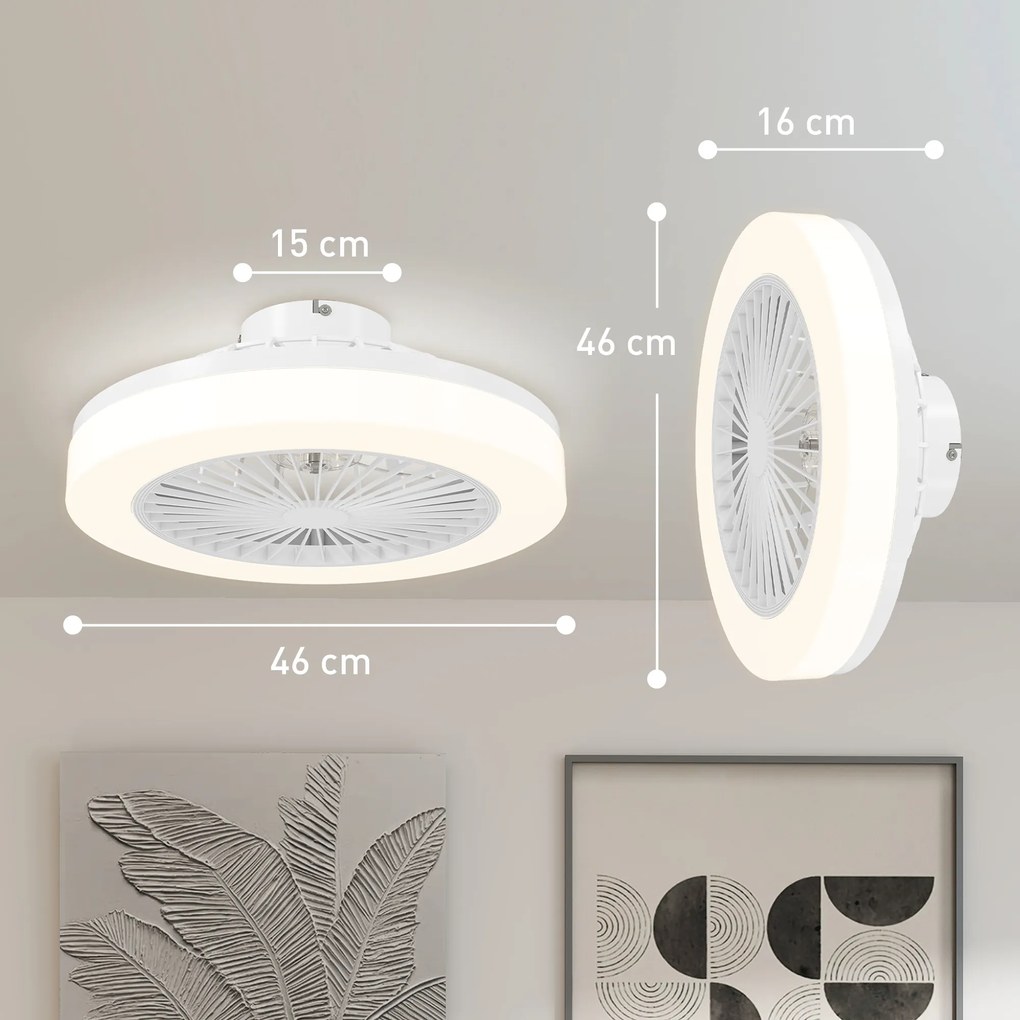 HOMCOM Ventilator de Tavan cu Lumină LED Reglabilă, 6 Viteze și Flux Reversibil, Ventilator din Plastic și Acril, Ø46x16 cm, Alb | Aosom Romania