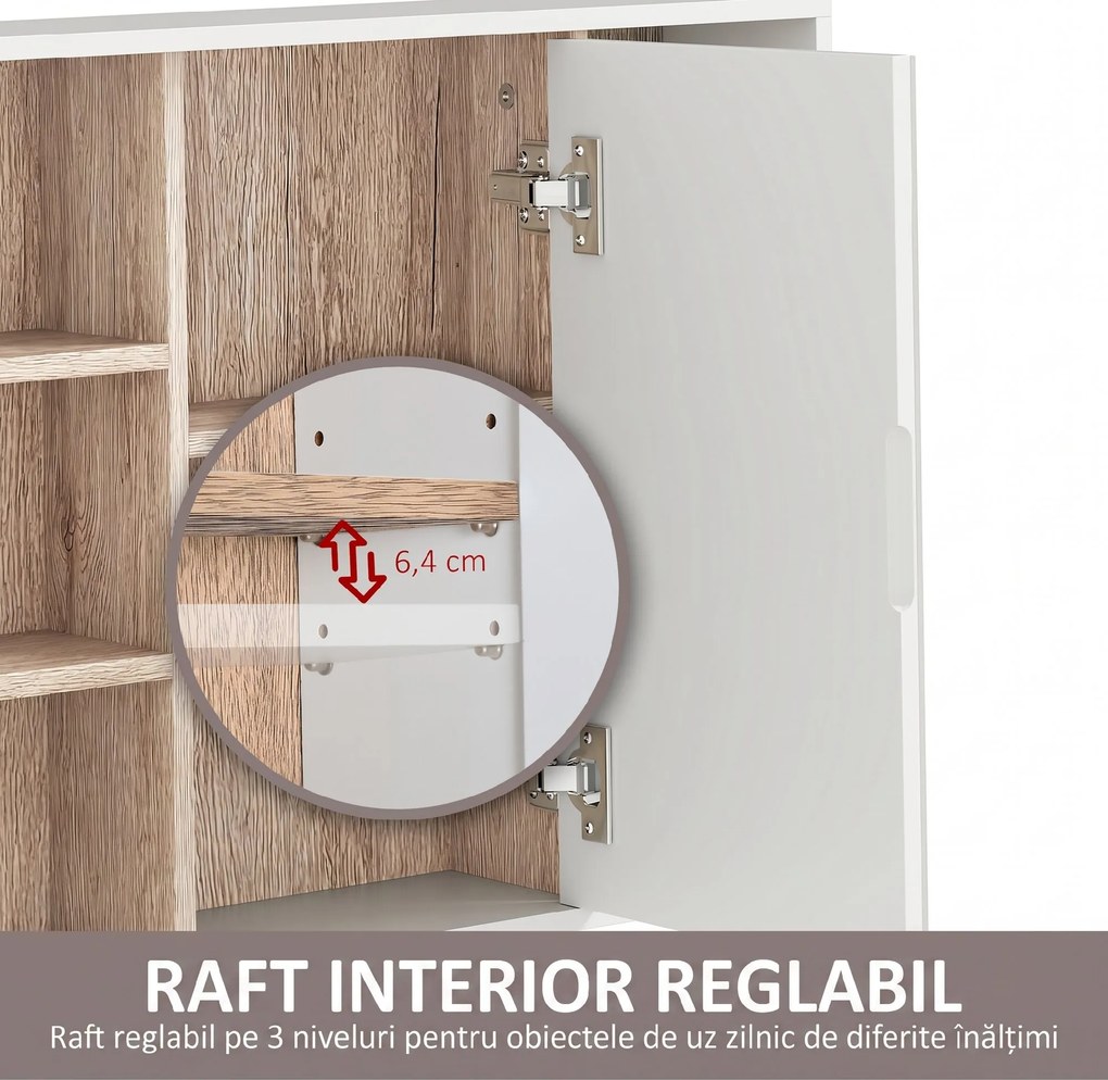 HOMCOM Dulap cu Oglinda din MDF si PAL, Dulap de Baie cu 3 Rafturi Laterale si Raft Interior Reglabil, 60x14.5x49.4 cm, Alb si Lemn Natur | Aosom RO