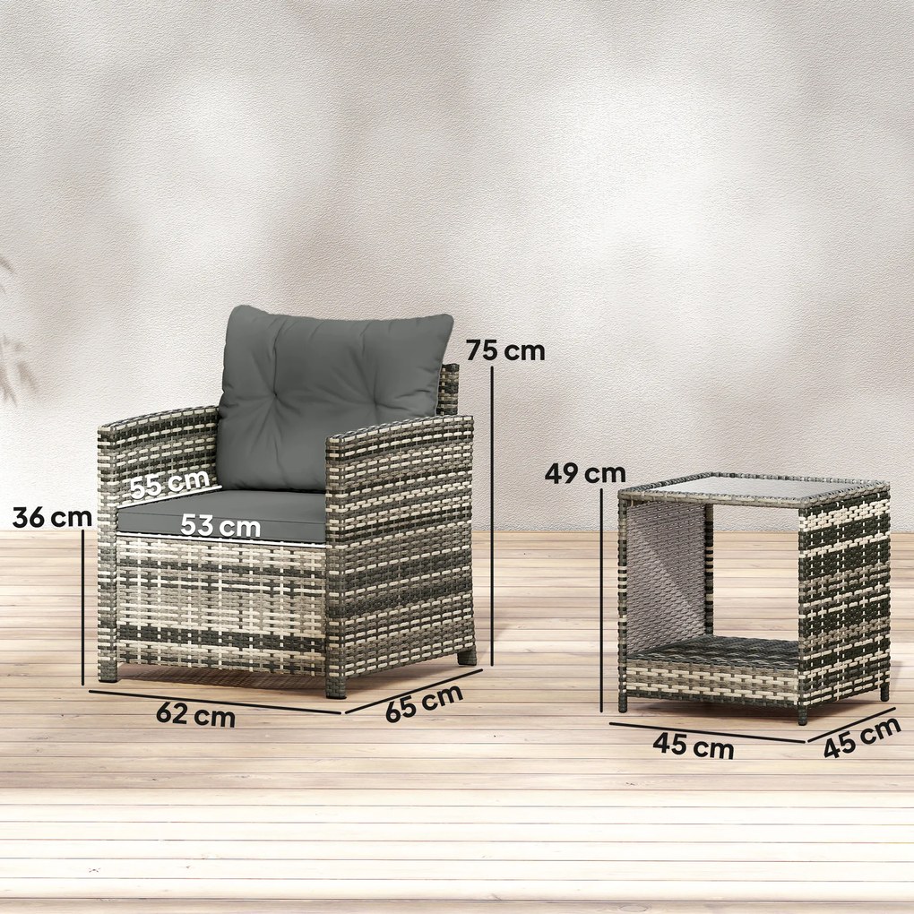 Outsunny Set mobilier exterior 3 piese din rășină împletită, masă și 2 fotolii cu perne, 62x65x75 cm, Gri deschis | Aosom Romania
