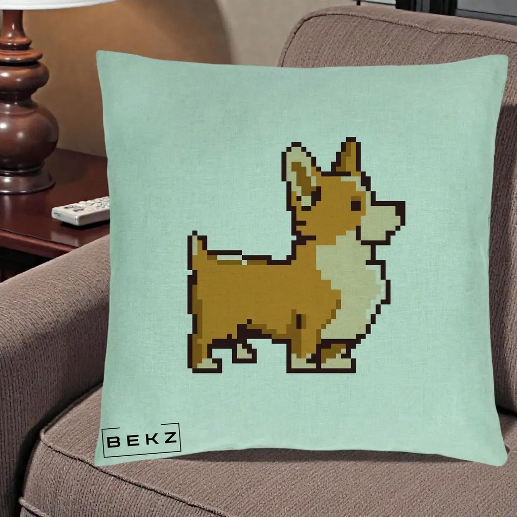 Perna Personalizata Corgi Pixel Art, 40x40 cm, Verde Menta, Husa Detasabila, Perna Inclusa, BEKZ®