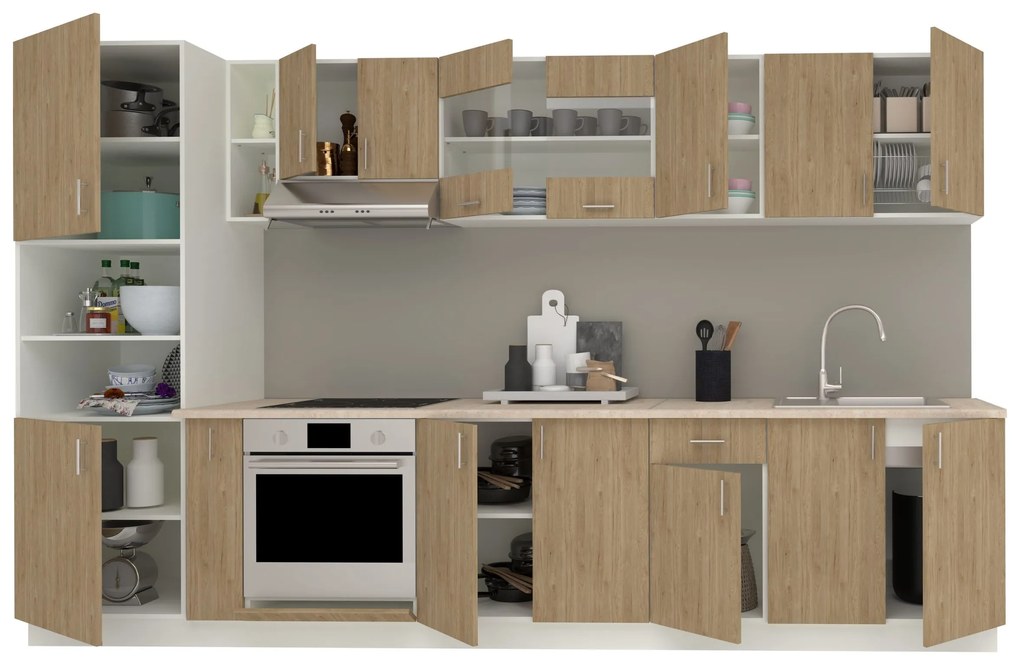 Set Bucatarie Karo V33, Lemn Natural/Alb, Blat Thermo 28 mm, L 340 cm