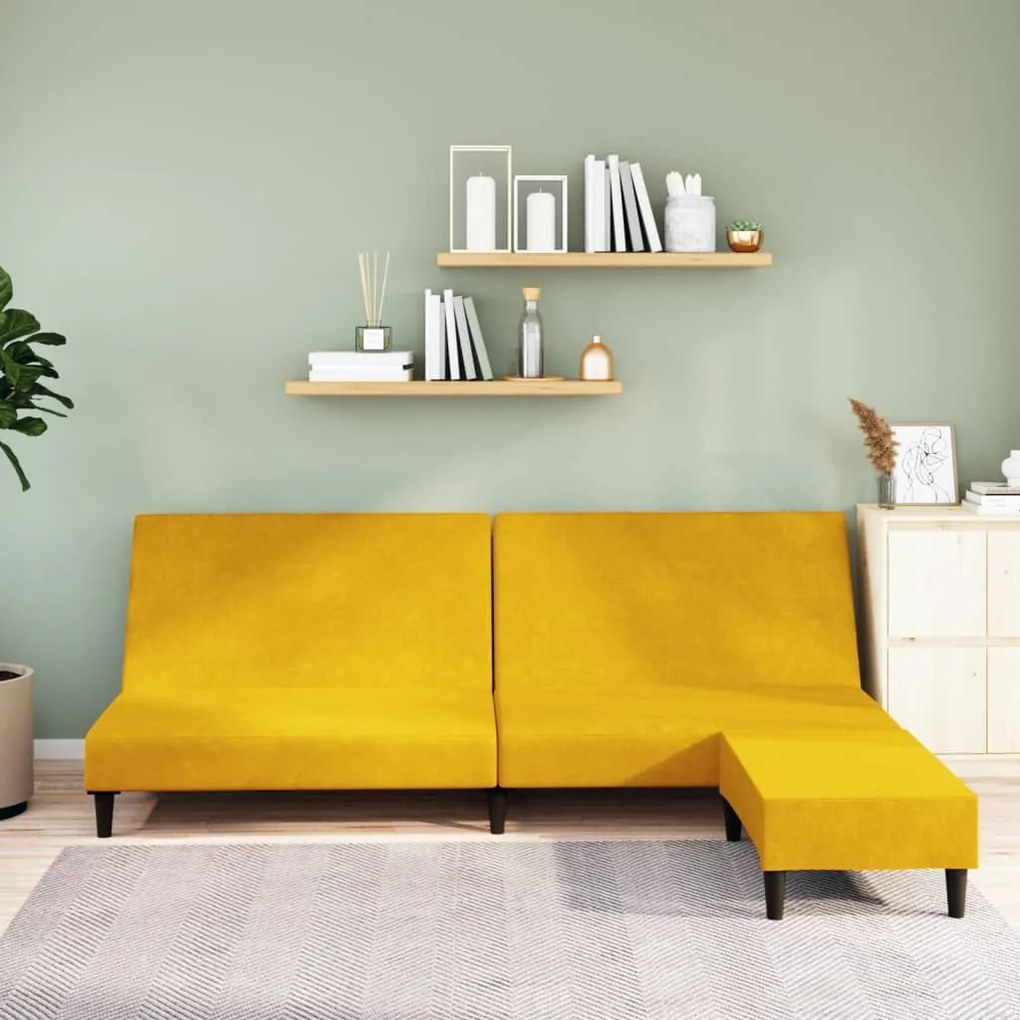 3080497 vidaXL Canapea extensibilă cu 2 locuri și taburet, galben, catifea