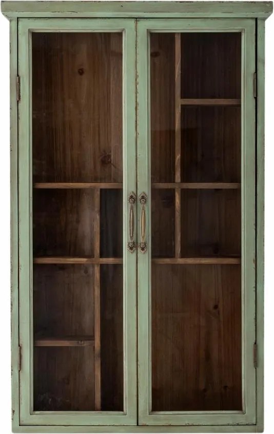 Vitrină mică de perete vintage shabby chic din lemn, verde, cu 2 uși vitrate, 6 rafturi și 9 compartimente, 80 x 50 x 13,5 cm, „Hazem”