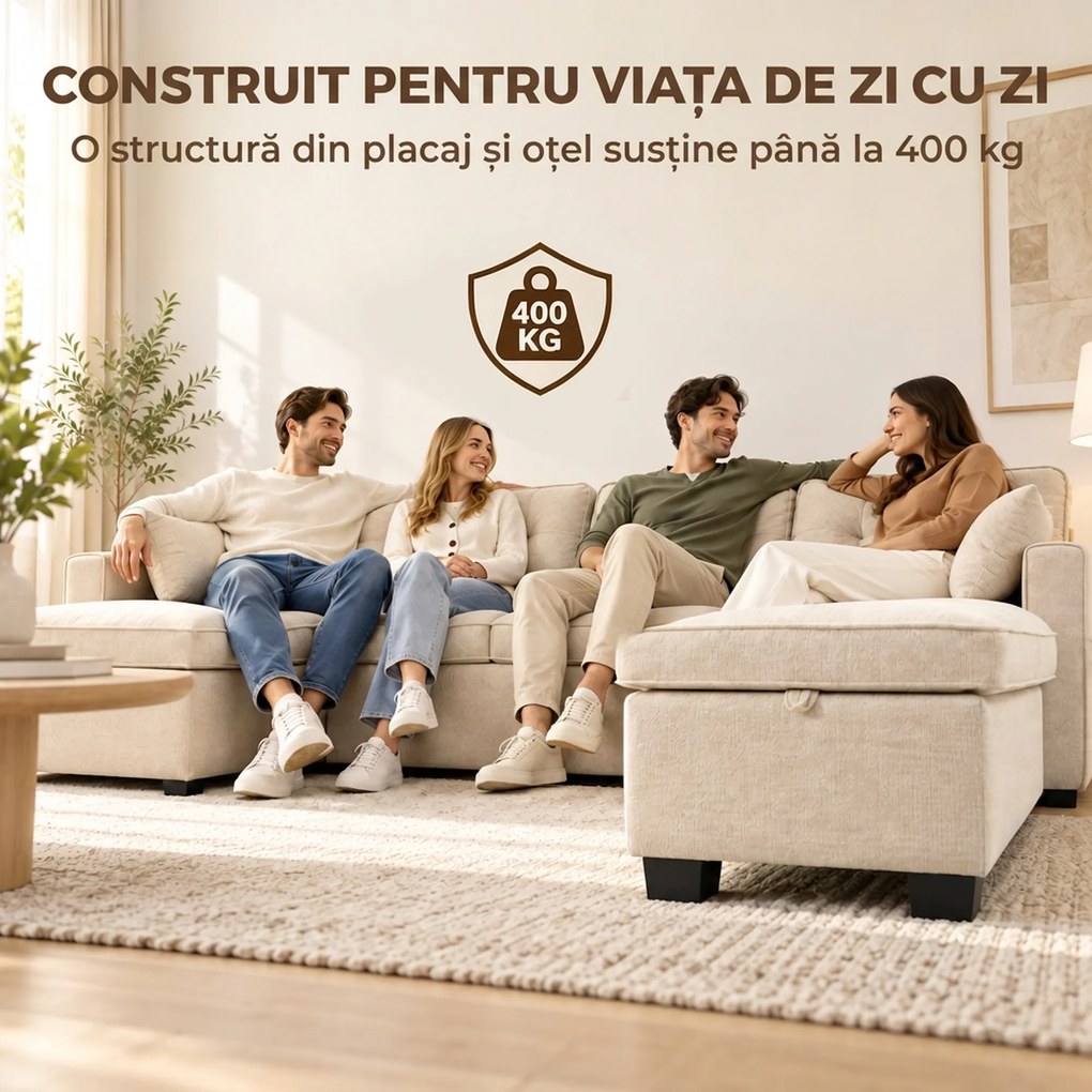 HOMCOM Colțar extensibil mare în formă de U, cu 2 șezlonguri, spații de depozitare și 2 perne, din șenilă, bej | Aosom Romania