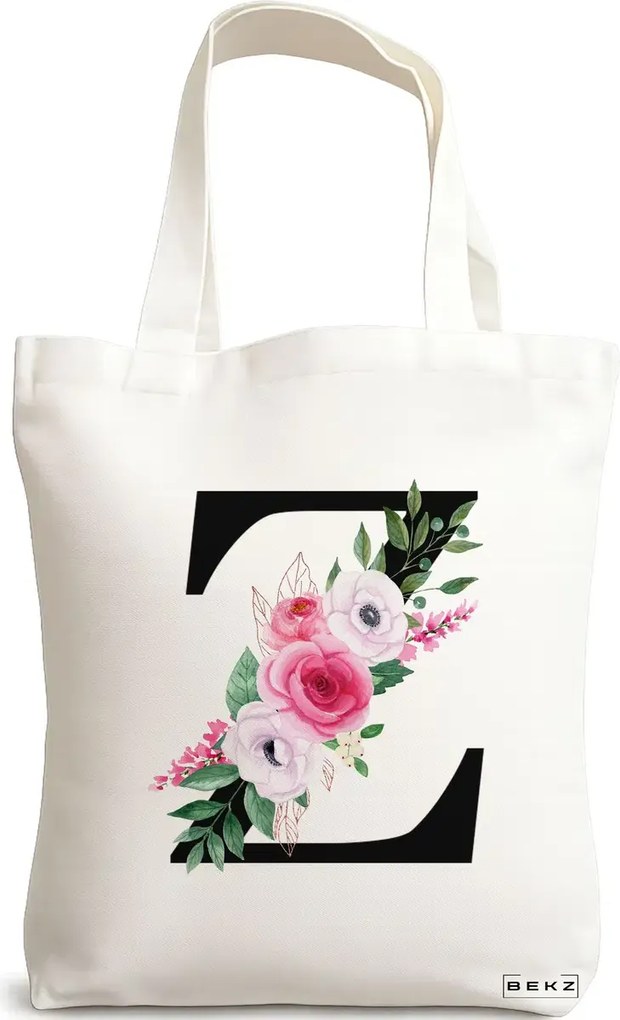 Sacosa de Panza pentru Cumparaturi, Geanta Tote, Cu litera Z si Trandafiri, 38x34.5 cm, Alba, BEKZ®