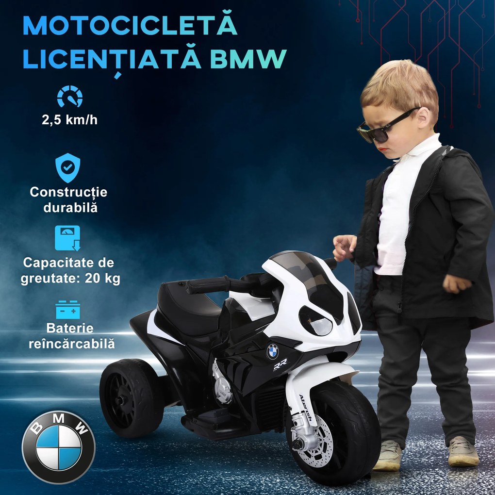 HOMCOM Motocicletă Electrică pentru Copii Licențiată BMW, 3 Roti, Baterie 6V, Alb și Negru | Aosom Romania