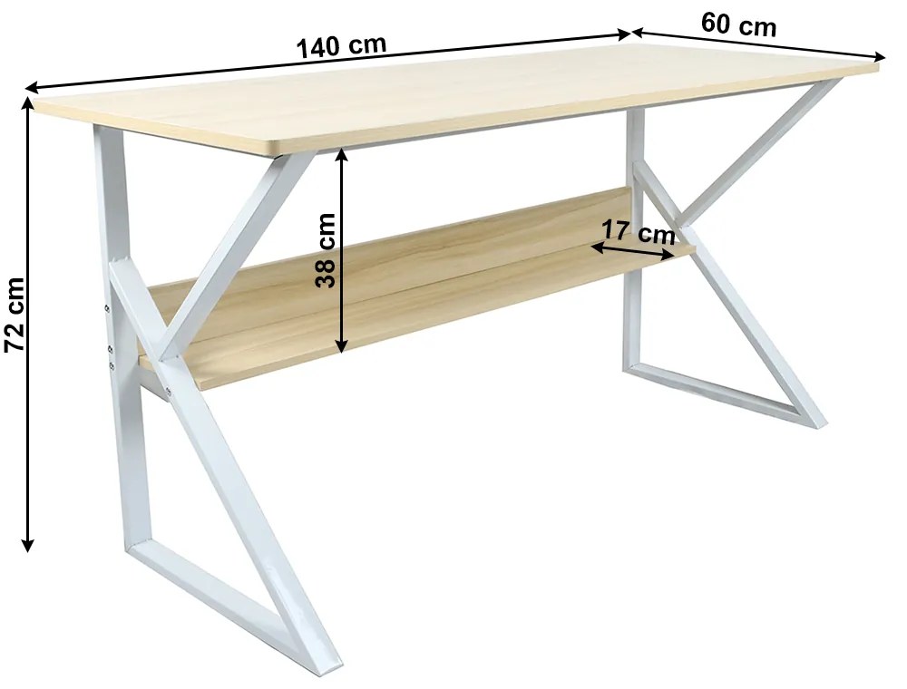 Birou cu raft, stejar natural alb, TARCAL 140