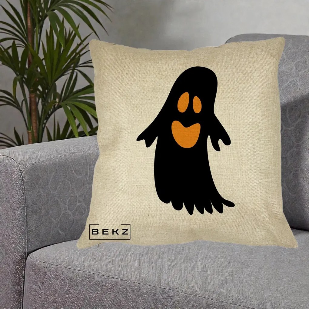 Perna Decorativa Halloween Fantoma Neagra cu Ochi Portocalii, 40x40 cm, Crem, Husa Detasabila, Perna Inclusa, BEKZ®