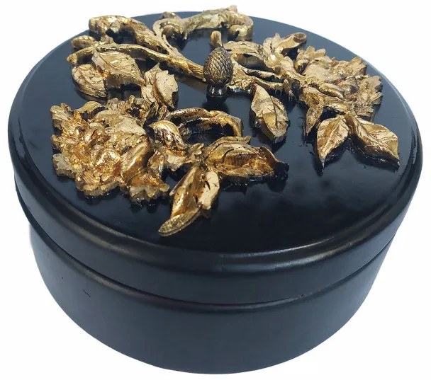 Caseta bijuterii,cutie lemn decorata cu flori aurii in relief pe capac,D20cm