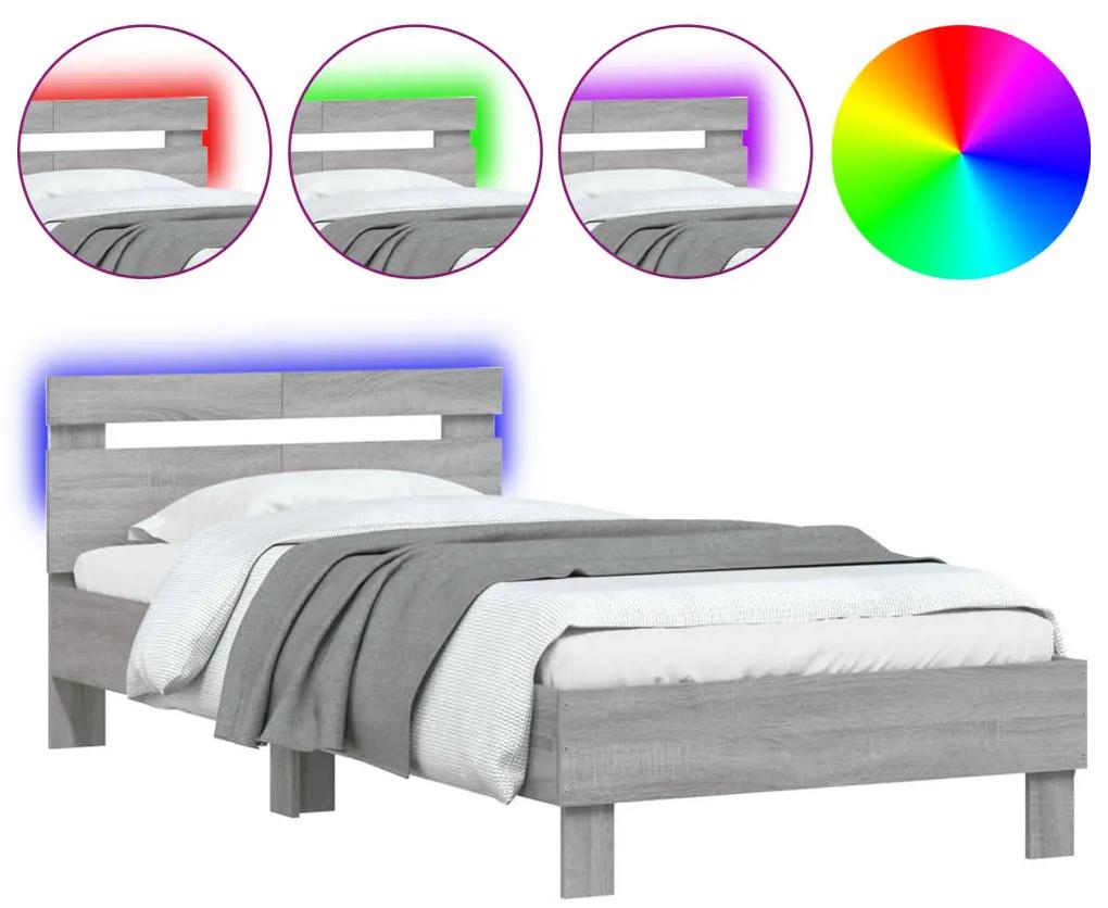 838713 vidaXL Cadru de pat cu tăblie și lumini LED, gri sonoma, 100x200 cm