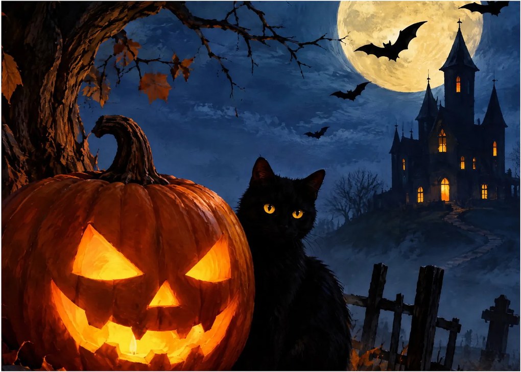 Tablou - Pisică neagră lângă un dovleac luminat de Halloween (70x50 cm)