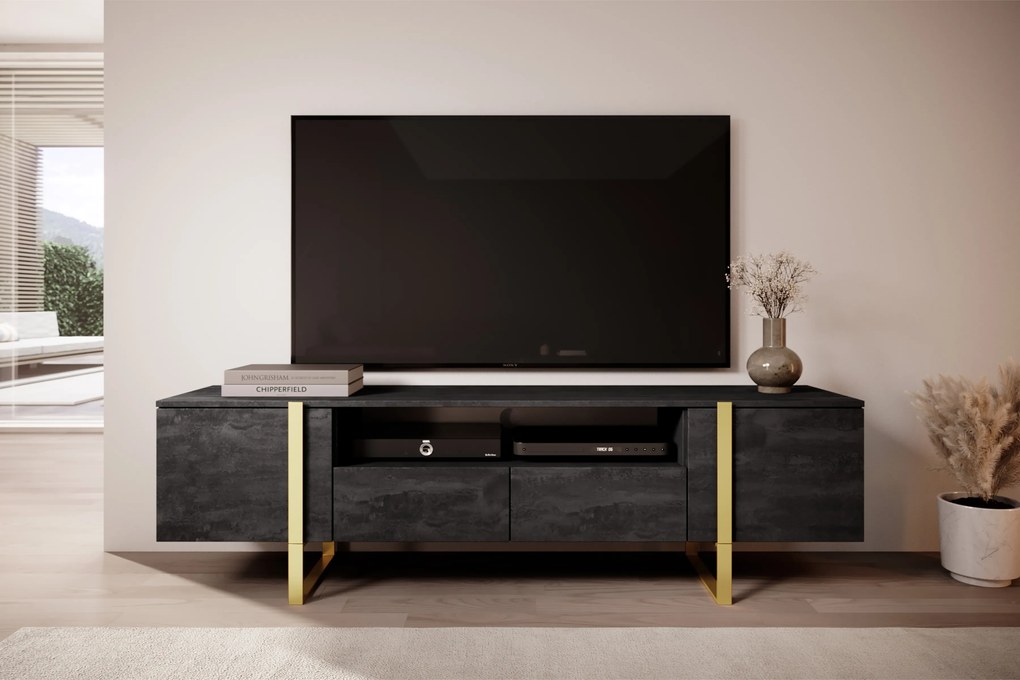 Comodă TV Verica 200 cm cu nișă - cărbune / picioare aurii