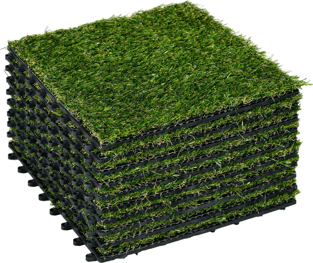 Outsunny Gazon Sintetic 10 Piese Covoraș Gazon Artificial 30x30 cm cu Înălțimea Firului de Iarbă 20 mm și Anti-UV Verde Închis | Aosom Romania