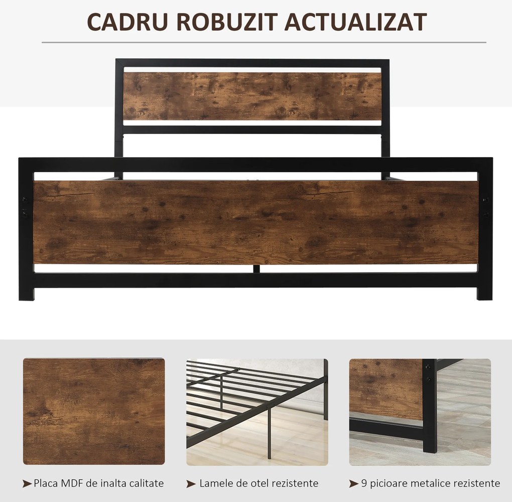 HOMCOM Cadru Pat Matrimonial din Lemn si Otel 160x200cm, Sipci Integrate si Tetiera in Stil Industrial, Negru Maro Rustic