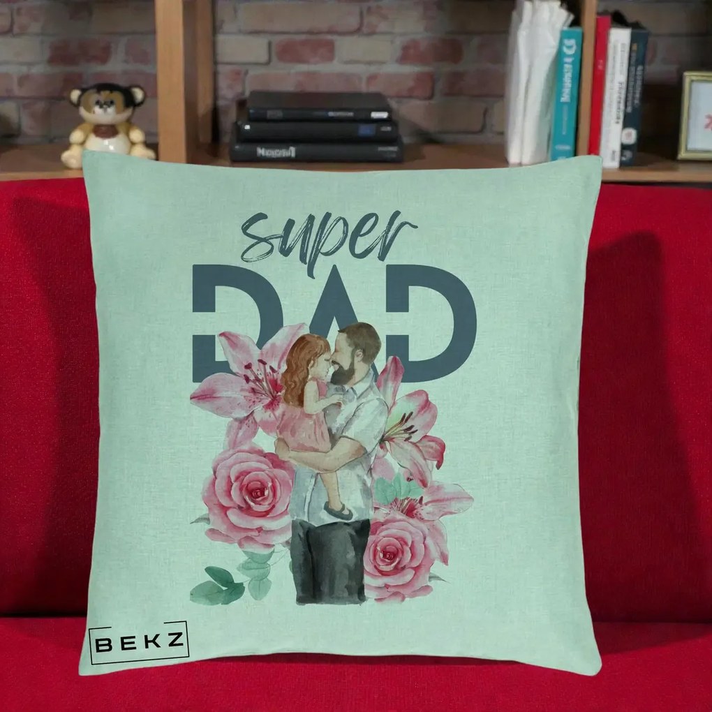 Cadou pentru Tata - Perna Personalizata Super Dad Tata cu Fetita si Flori, 40x40 cm, Verde Menta, Husa Detasabila, Perna Inclusa, BEKZ®