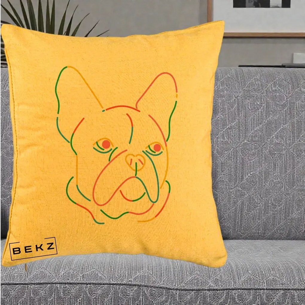 Perna Decorativa Bulldog Francez Line Art Curcubeu, 40x40 cm, Galben, Husa Detasabila, Perna Inclusa, BEKZ®